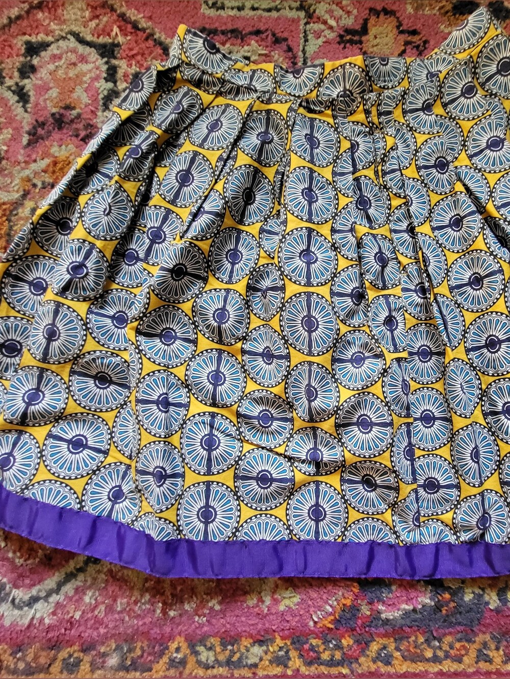 Calliope Size L Yellow & Blue Circle Skater Skirt with Purple Hem